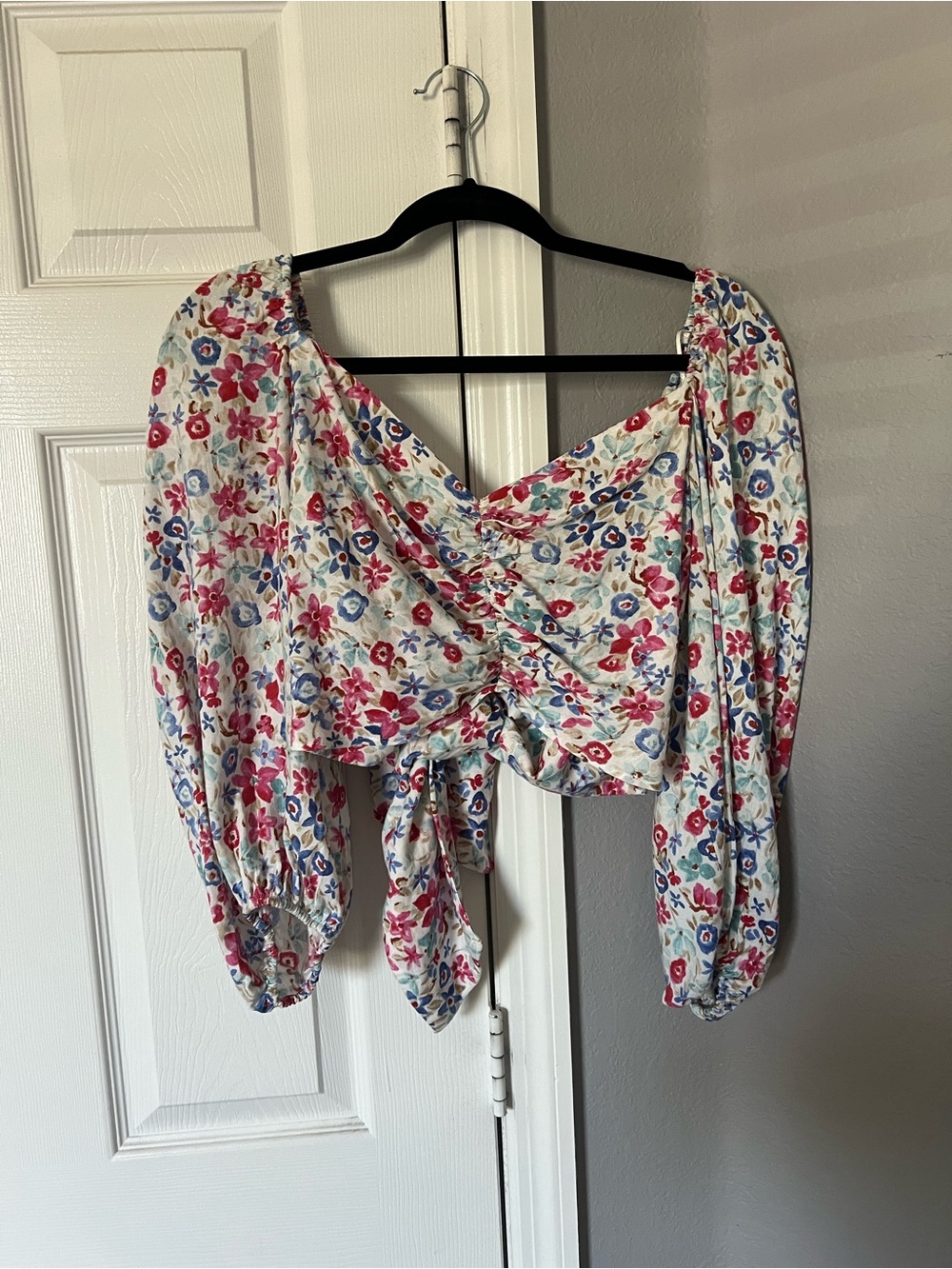 Zara Linen Crop Top with Red & Blue Floral Print